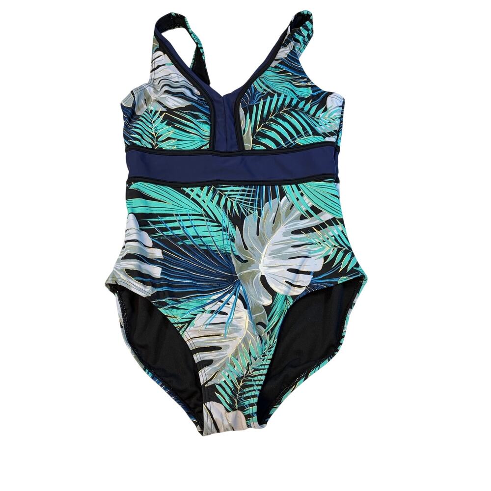 NWT St Johns Bay Secretly Slender navy print one piece bathing suit. Size 10